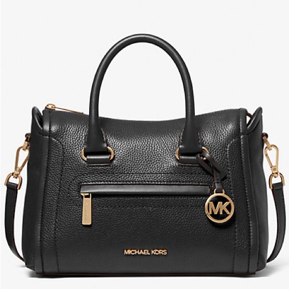 Michael Kors Carine Classic Black Medium Pebbled Genuine Leather Satchel Handbag - Picture 2 of 13